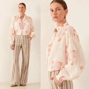 NEW Alix of Bohemia Poet Cotton Floral Ruffle Collar Blouse Papaya Aster Size: S